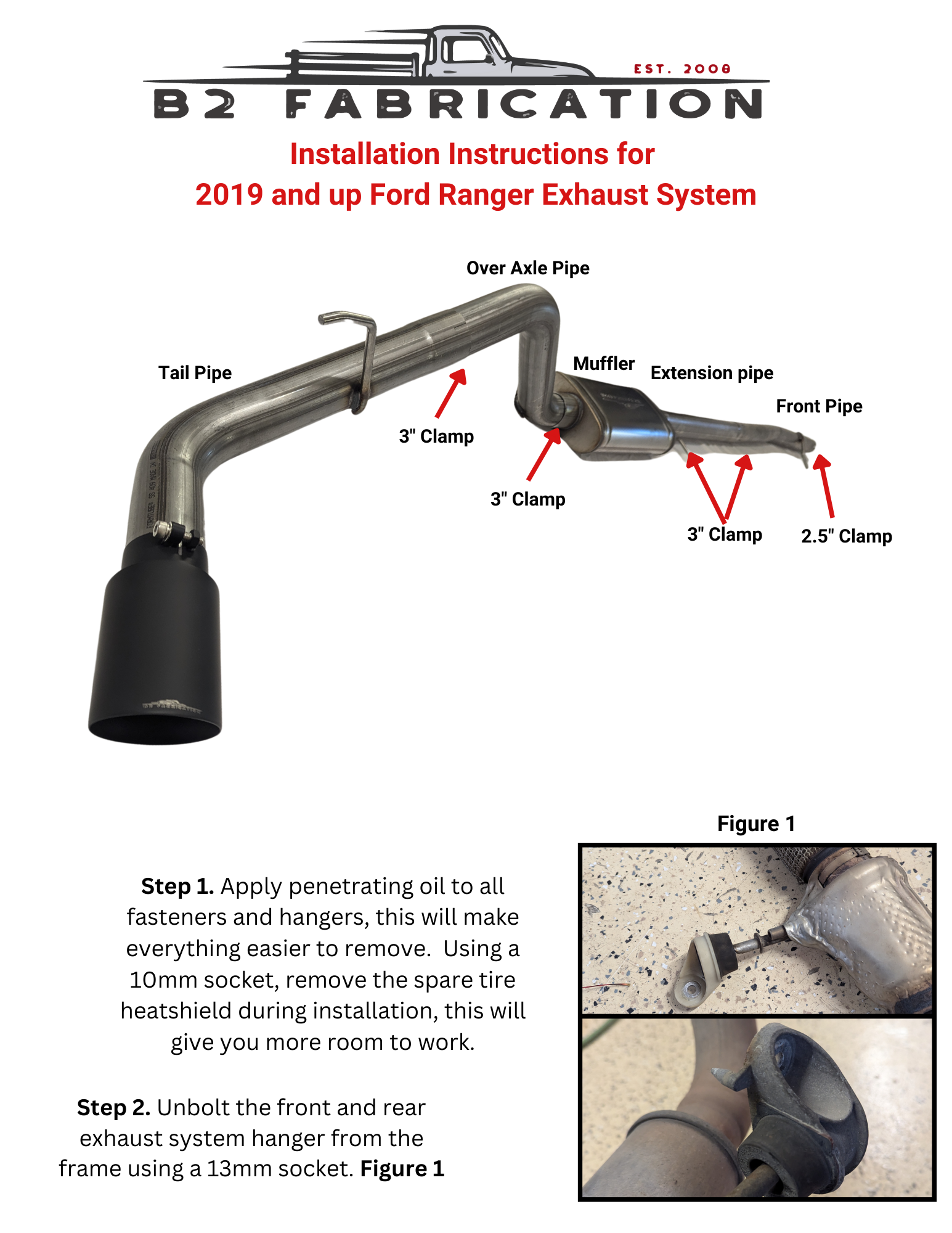 Installation instructions for the Ford Ranger exhaust system