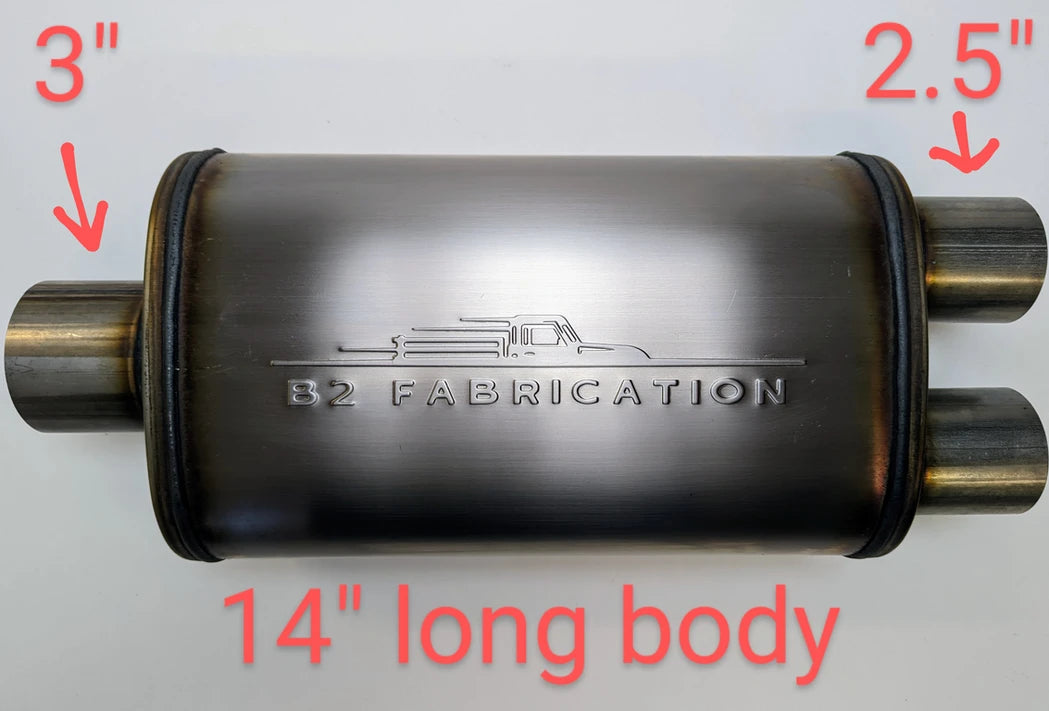 14in Oval Straight-Through Performance Exhaust Muffler 3in inlet, dual 2.5in out